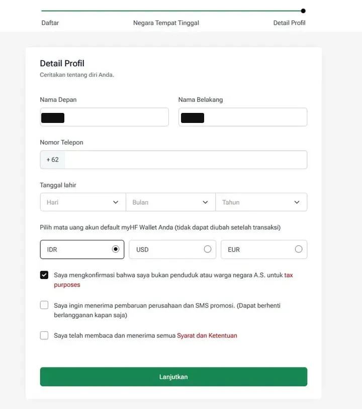 Cara daftar HFM langkah 4: detail profil dan mata uang myHF Wallet yang permanen