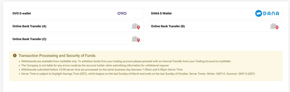 Metode penarikan HFM: OVO, DANA, Online Bank Transfer (A/B/C)